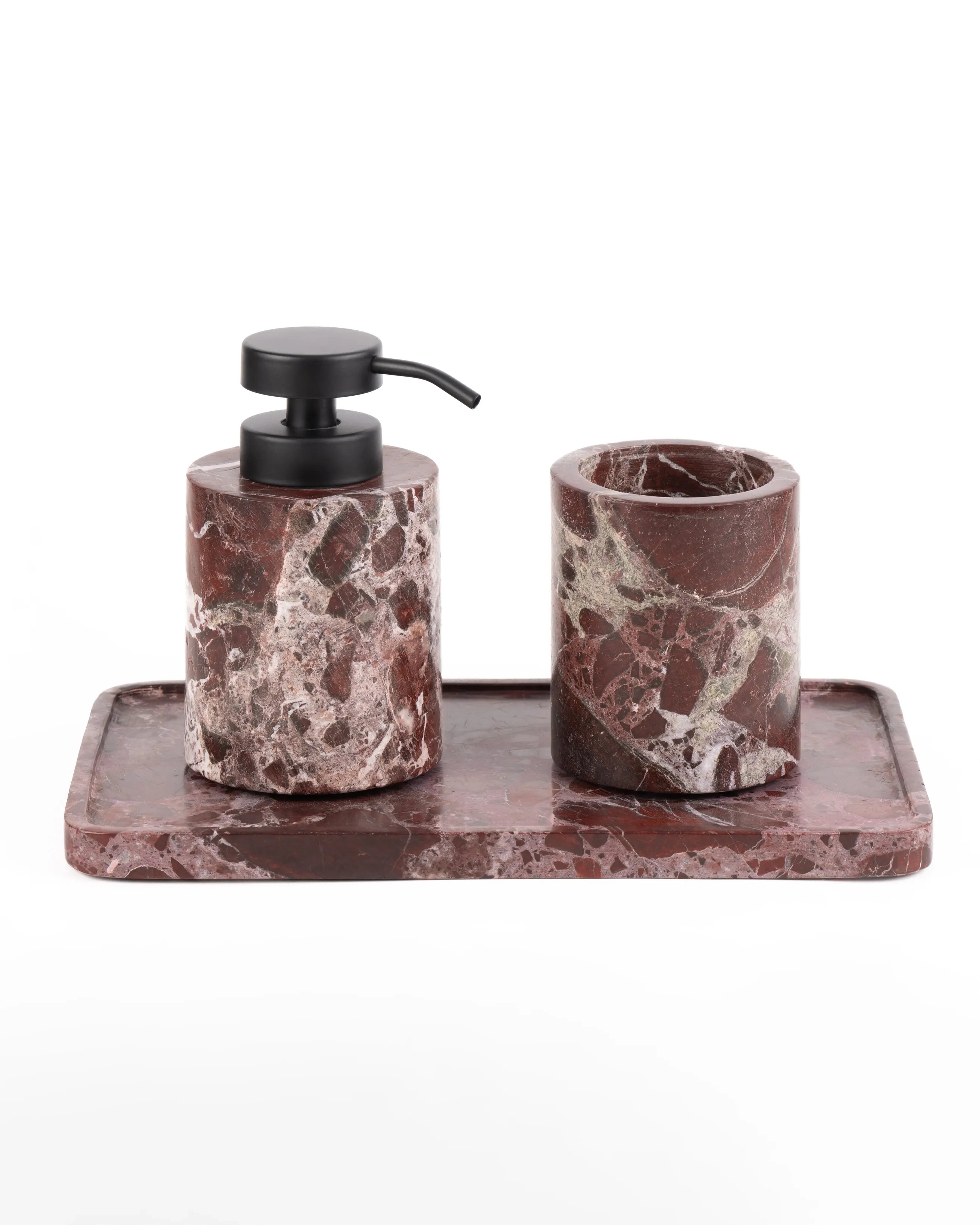 Levanto marble bathroom dispenser, tumbler, and tray set