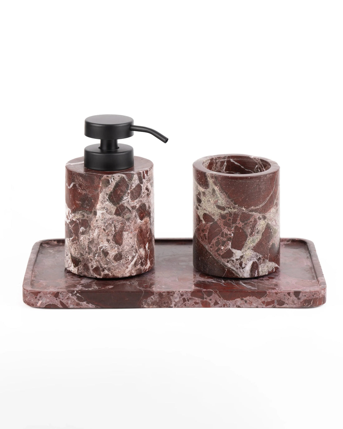 Levanto marble bathroom dispenser, tumbler, and tray set