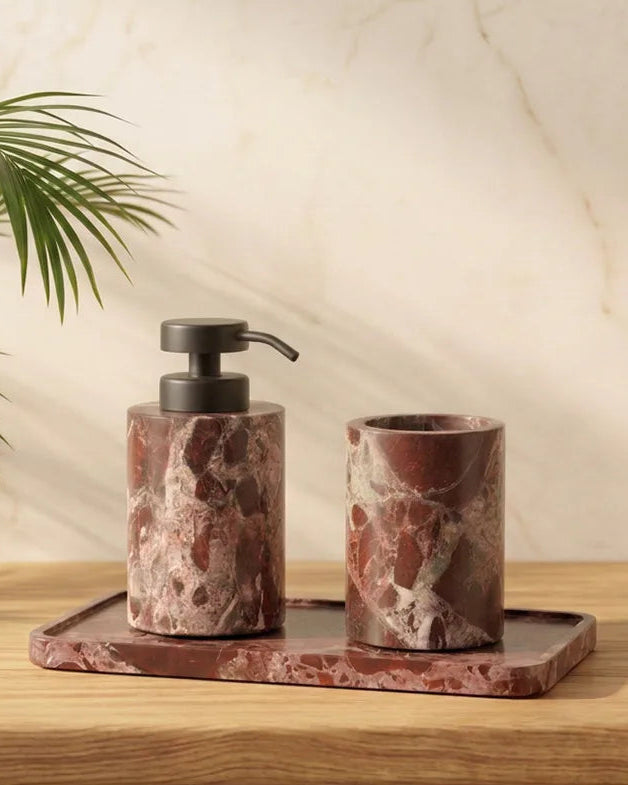 Levanto marble bathroom dispenser, tumbler, and tray set