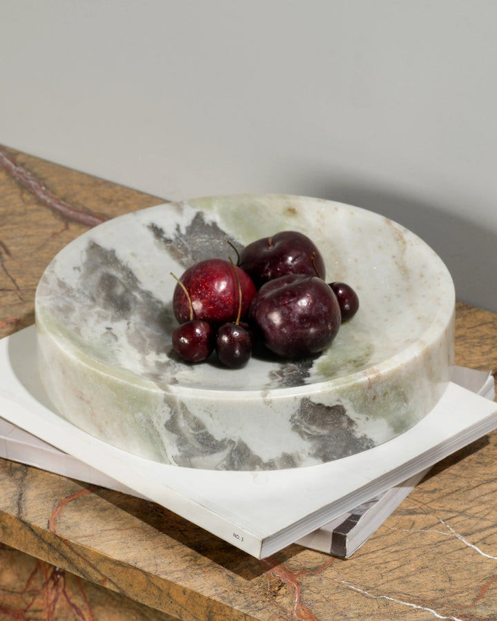 Round green marble decorative bowl with natural veining